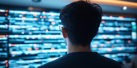 Asian AI development. IT engineer in front of rapidly calculating server wall.
