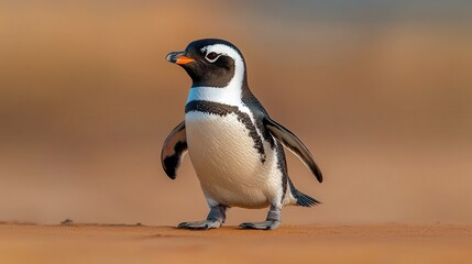 Fototapeta premium A lone penguin standing on sand in a bright environment