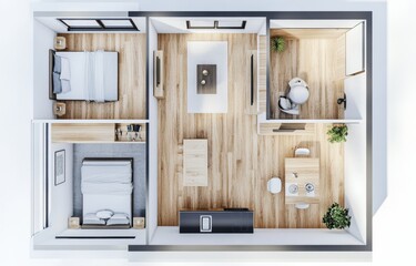 Modern apartment floor plan, two bedrooms, living area, dining area, possible use for real estate advertising