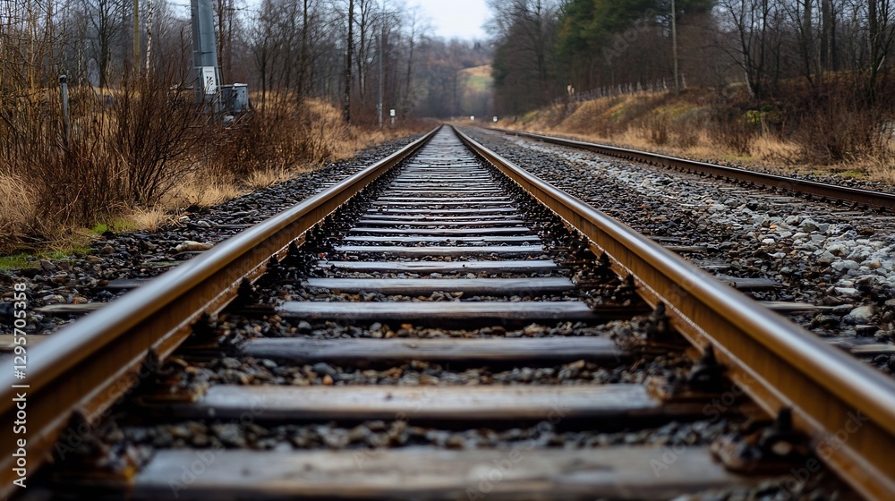 Aufkleber rustic railway tracks weaving through tranquil landscapes under a cloudy sky : generative ai
