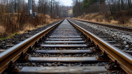 Fototapeta premium Rustic railway tracks weaving through tranquil landscapes under a cloudy sky : Generative AI