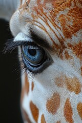  A close up of a giraffe's eye with a black background