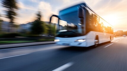 Luxury travel experience depicted by a motionblurred bus driving through a scenic urban landscape at sunset : Generative AI