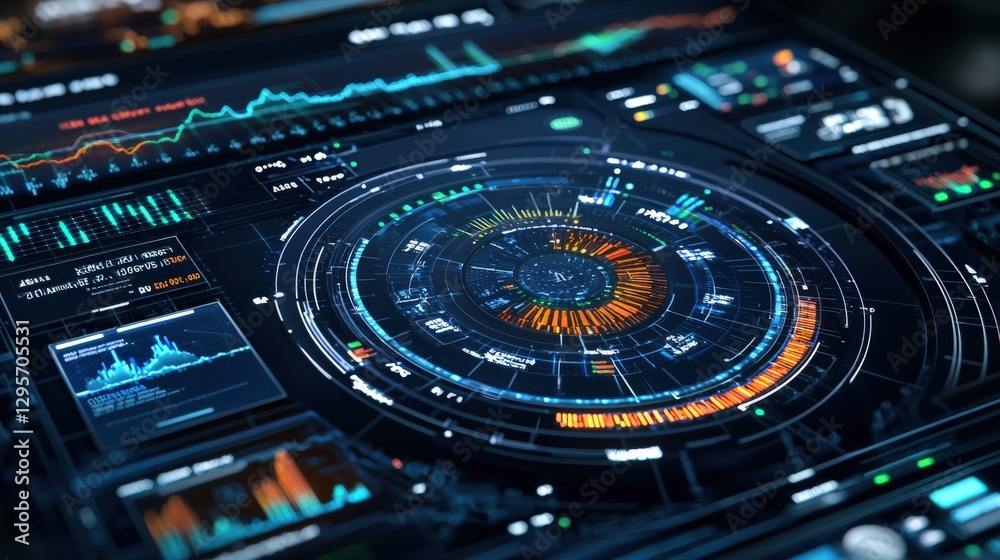 Poster high-tech data visualization interface showcasing vibrant graphs and metrics for business analysis, 