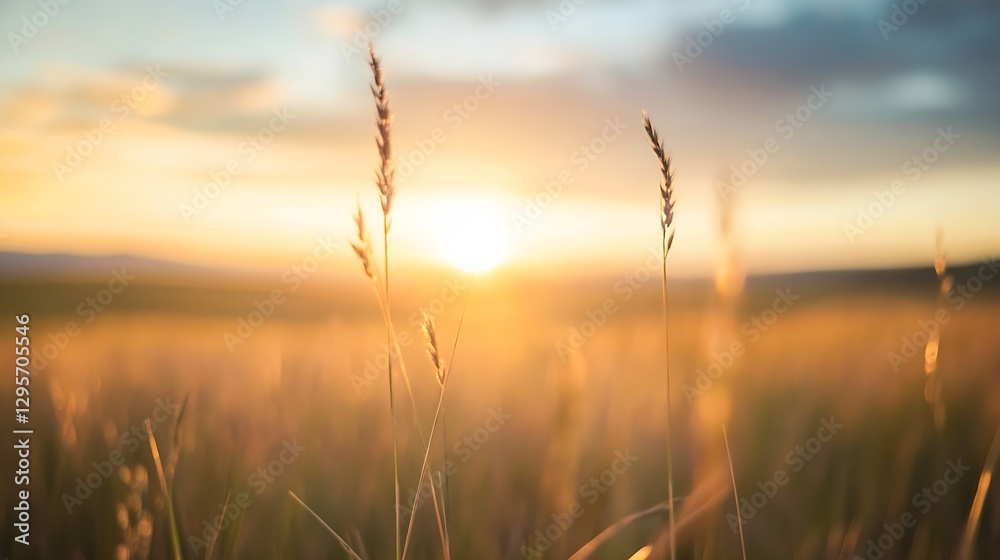 Poster golden sunshine illuminating a serene landscape with tall grass at sunset in a natural setting : gen