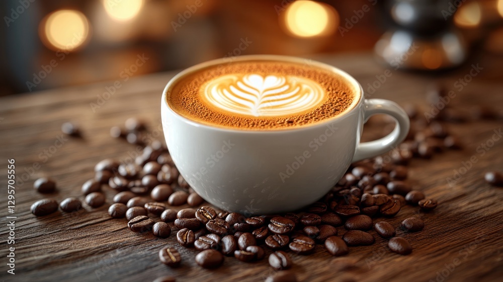 Wall mural high-quality close-up of a beautifully crafted latte resting on roasted coffee beans in a cozy cafe 