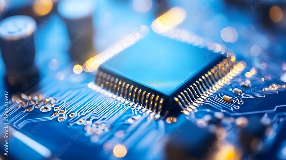 Aufkleber detailed circuit board with microchip and blue lighting : generative ai