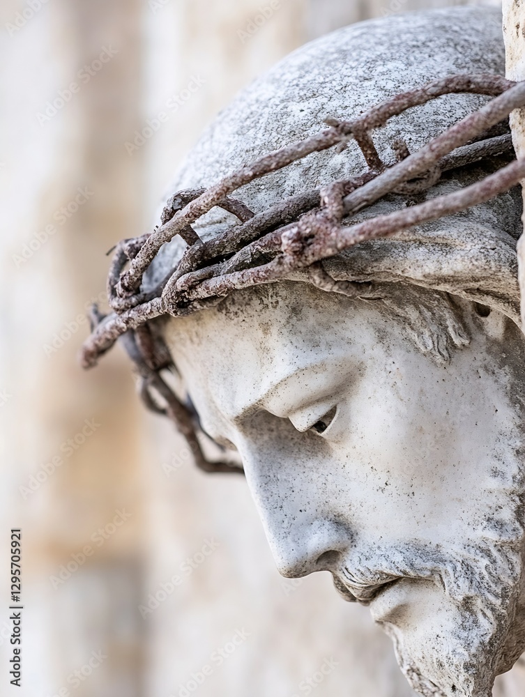 Poster closeup of a stone statue of jesus with a crown of thorns capturing emotional expression : generativ
