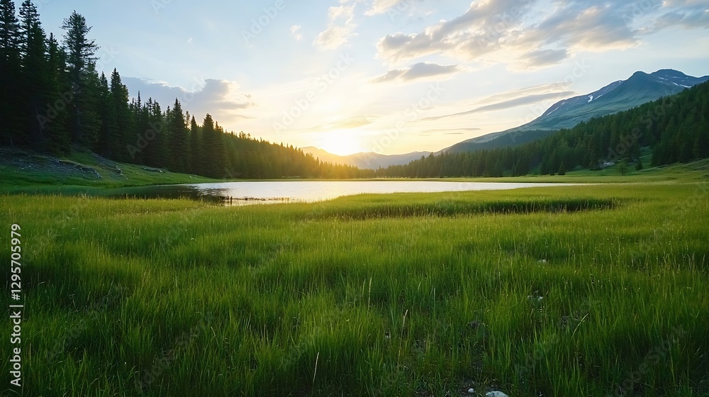 Poster serene sunset over tranquil lake surrounded by lush green grass and trees in nature : generative ai