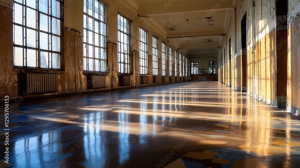 Poster Retro Industrial Room with Large Windows and Sunlit Floor Patterns : Generative AI