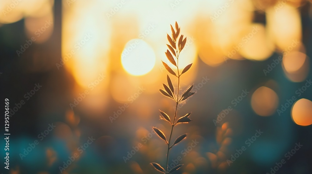 Poster delicate plant silhouette against a beautiful sunset background creating a warm and tranquil atmosph