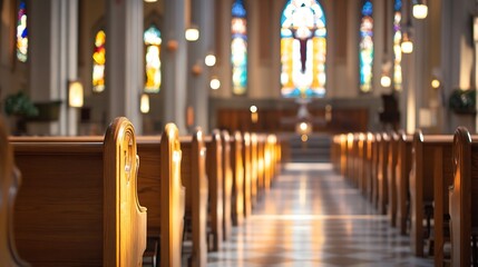 Inviting interior view of a church showing pews leading towards the altar illuminated by colorful stained glass windows : Generative AI