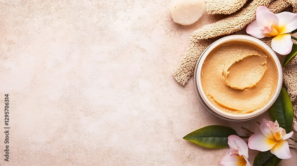 Poster luxurious exfoliating scrub placed on a natural towel surrounded by fresh flowers and leaves on a te