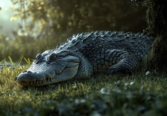 Fototapeta premium Realistic close-up view of a crocodile resting on lush green grass in a serene natural environment during early morning light