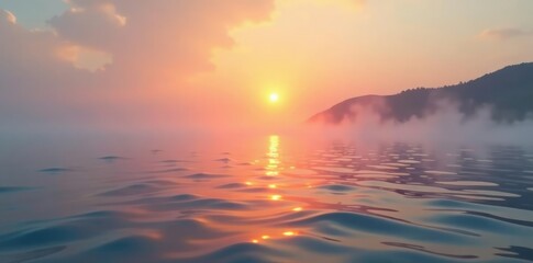 Obraz premium Gentle mist rising from the calm sea surface at sunrise, morning light, soft colors