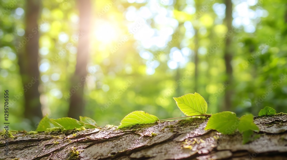 Aufkleber lush green forest close up with sunlight filtering through the leaves and bark of a tree : generativ