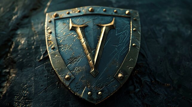 A detailed shield emblem featuring a prominent 'V' design, symbolizing valor and strength.