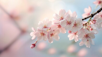 Obraz premium Cherry blossoms bloom in spring, showcasing delicate pink flowers amid a serene background