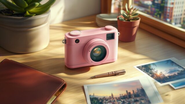 Pink Instant Camera Still Life. Modern pink instant camera displayed on wooden windowsill with potted plants, leather journal, and printed photos in warm sunlight.