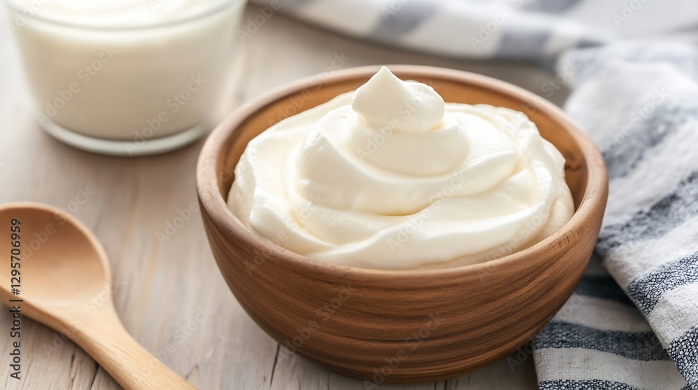 Poster creamy and smooth whipped yogurt served in a natural wooden bowl with a spoon on a rustic table : ge