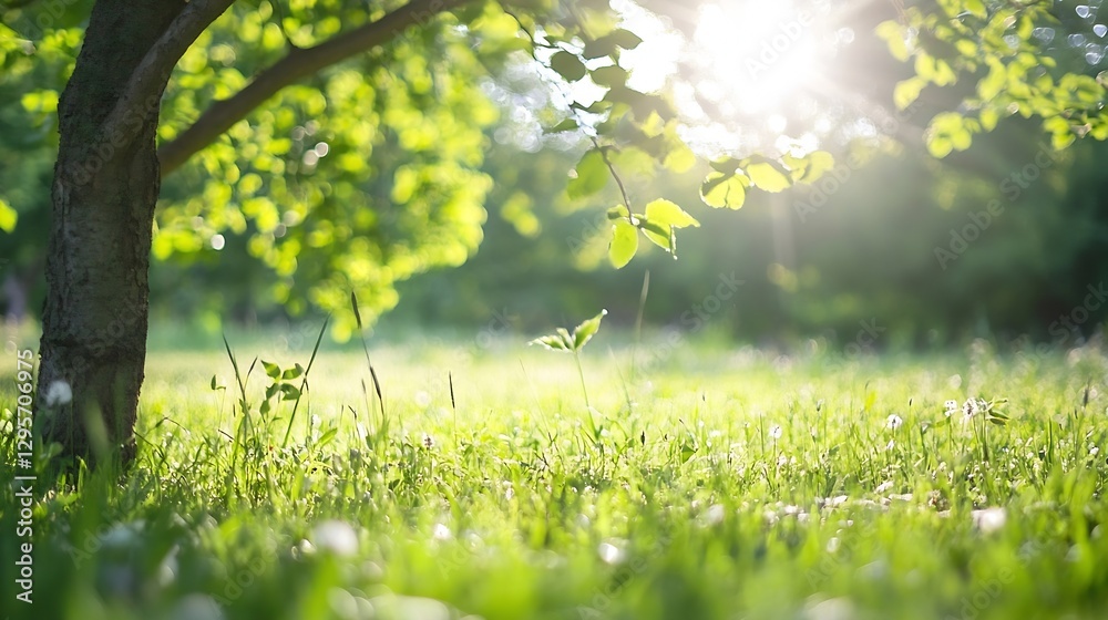 Poster glowing sunlight filtering through green leafy tree in a lush park : generative ai