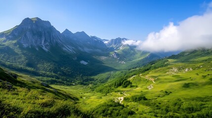 Fototapeta premium Breathtaking mountain landscape with lush green hills and clear blue sky on a sunny day : Generative AI