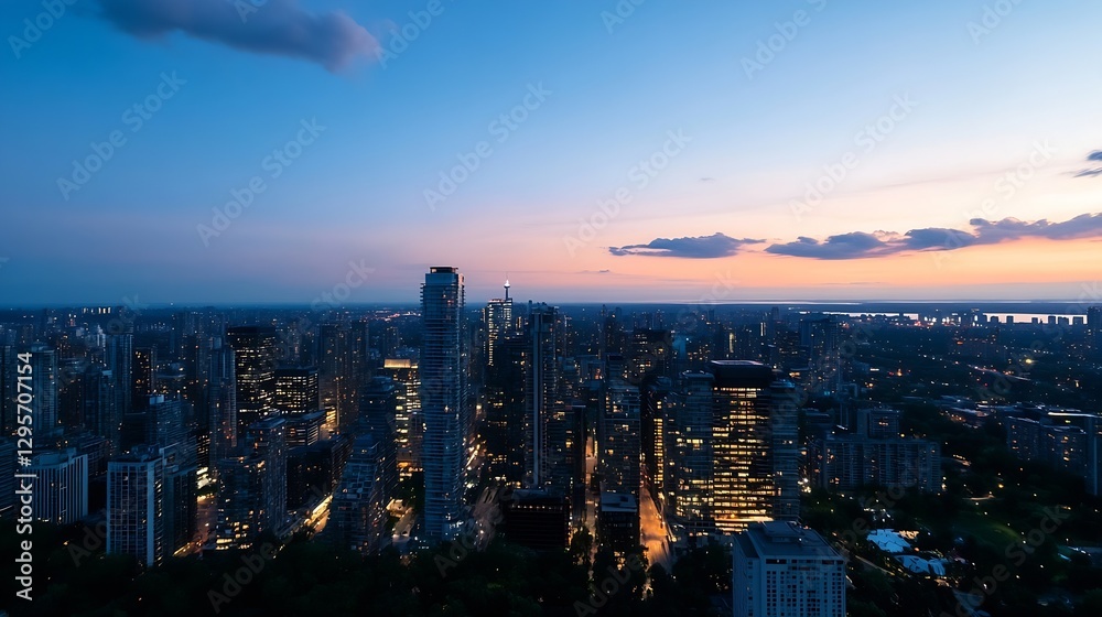 Poster stunning panoramic view of a vibrant city skyline illuminated during twilight hours : generative ai