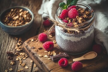 Glass jar with creamy chia pudding, raspberries, granola, and grated chocolate shavings, adorned with a twine bow Sitting on aged wooden board with scattered granola, wooden spoon, loose raspberries