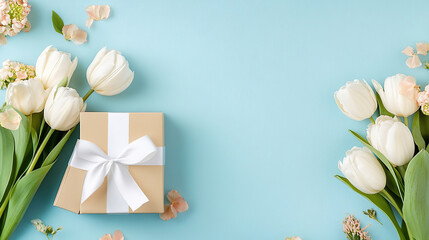 Turquoise background with tulip petals and tulip flowers with a gift box ,  copy space and text space for greeting and wishing card 