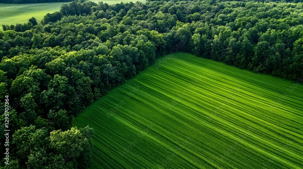 Poster stunning aerial view of lush green forest and fields bathed in natural light : generative ai
