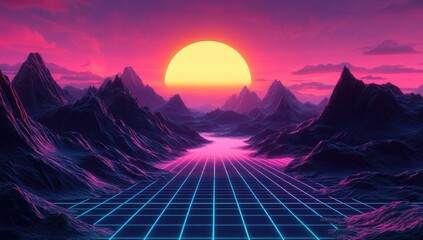 Retro Sunset Mountain Path Grid