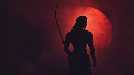 Silhouette of Lord Rama with Bow Against Dark Background