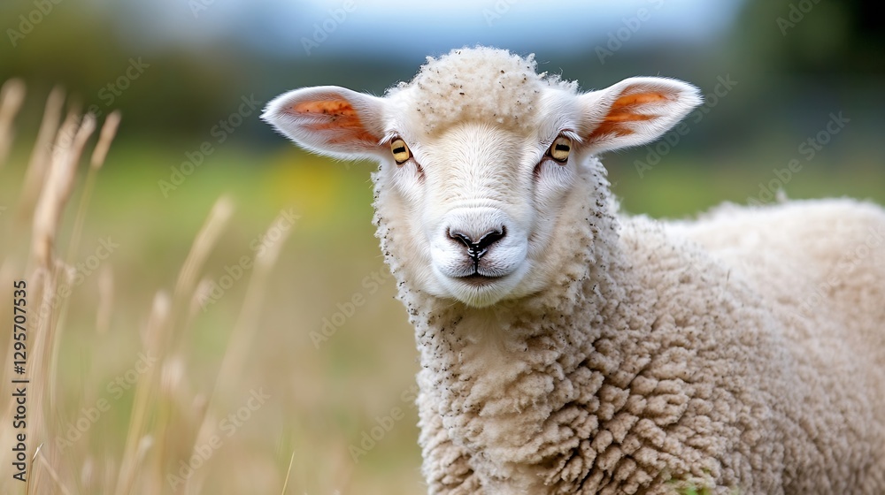 Aufkleber Close Up of a Sheep with a Soft Wool Coat in a Green Natural Field : Generative AI