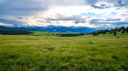 Fototapeta premium Vast green field under a dramatic sky filled with clouds and distant mountain ranges : Generative AI