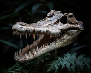 Fototapeta premium Realistic crocodile skull displayed in a dark environment surrounded by green foliage showcasing intricate details and textures of ancient reptilian features