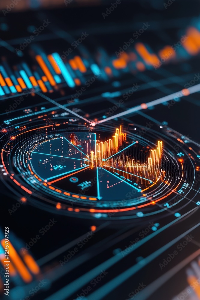 Poster this futuristic data visualization image features colorful graphs and metrics, perfect for showcasin