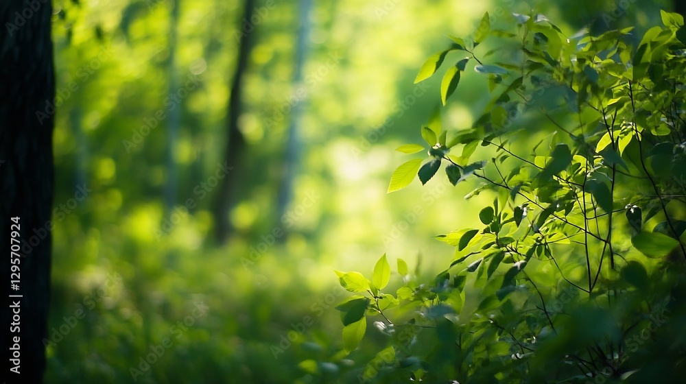 Poster lush green forest scene bathed in soft natural light creating a peaceful atmosphere : generative ai