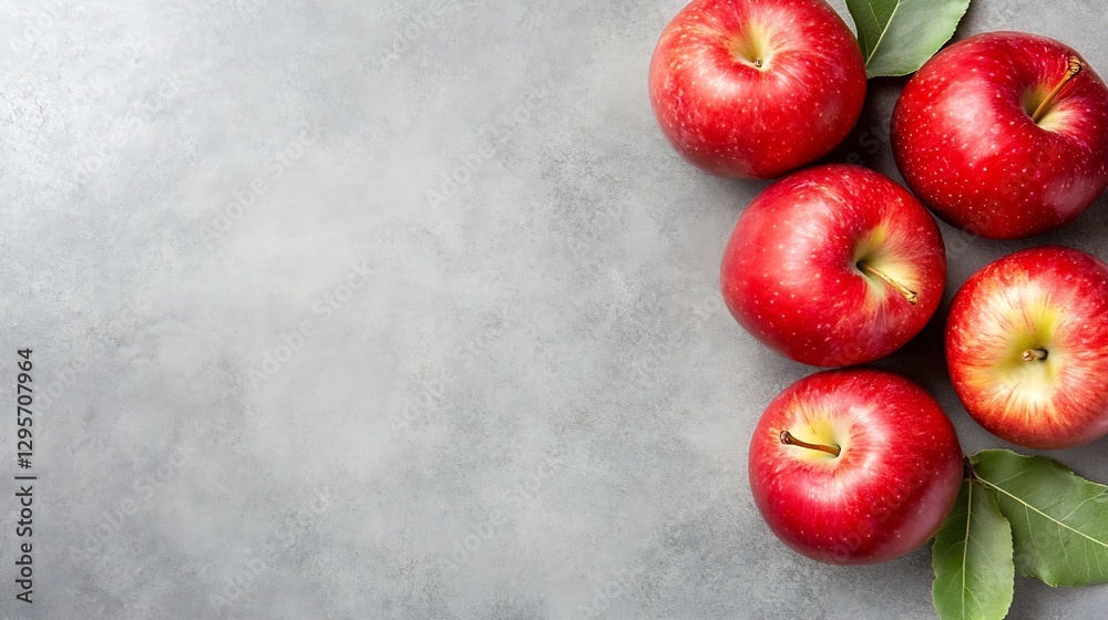 Poster freshly harvested red apples arranged elegantly on a smooth grey surface : generative ai