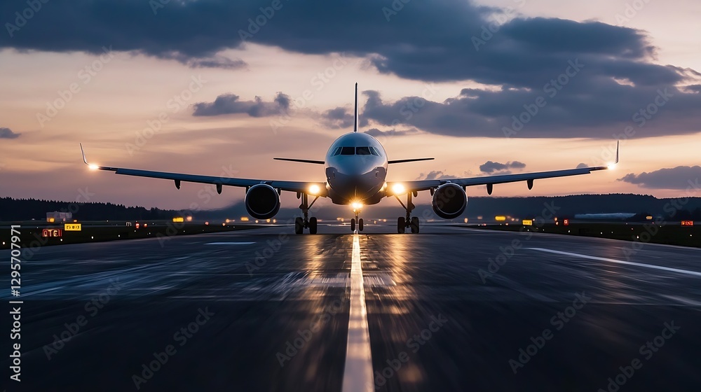 Poster modern passenger aircraft preparing for takeoff at sunset with dramatic clouds in the background : g