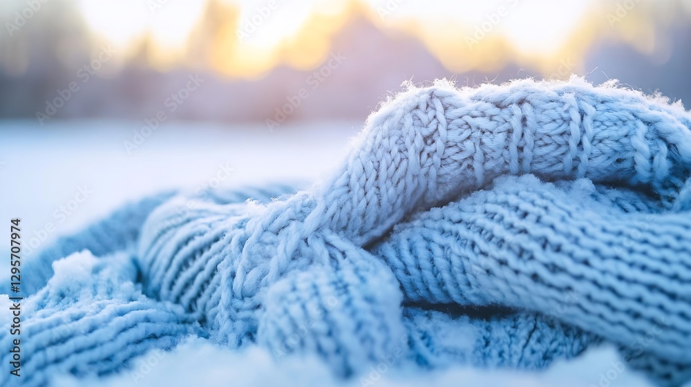 Aufkleber cozy knitted scarf draped in soft snow with a beautiful sunset in the background : generative ai