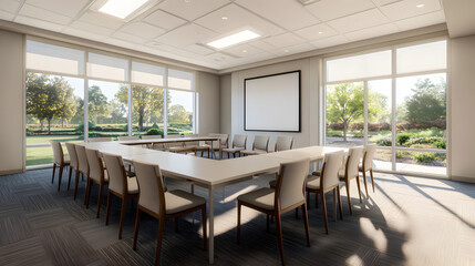 Modern Conference Room With Large Windows and Scenic Views of Nature for Productive Meetings and Collaborations