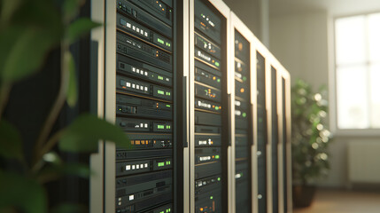 Obraz premium Modern Data Center with Server Racks and Greenery for Enhanced Technology and Business Settings