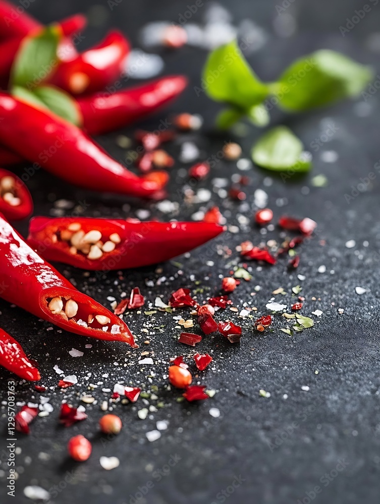 Poster Vivid red chili peppers sliced open with spices scattered around on a dark countertop for culinary use : Generative AI