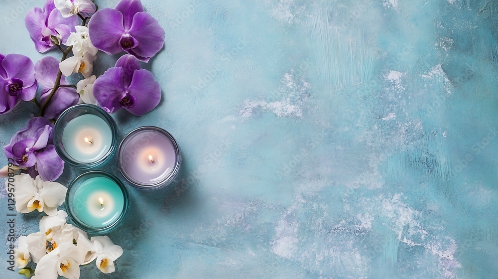 Poster serene arrangement of colored candles surrounded by vibrant orchids on textured blue background : ge