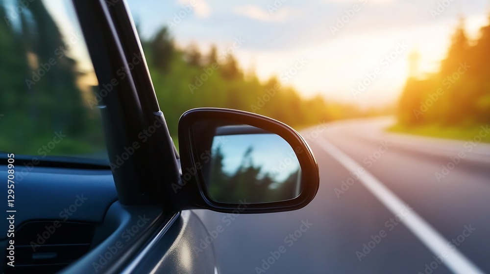 Poster scenic road view from a car with a glimpse of nature at sunset reflecting a serene journey experienc