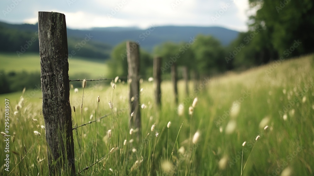 Poster Scenic View of Wooden Fence Posts in a Grassy Field with Mountains in Background : Generative AI