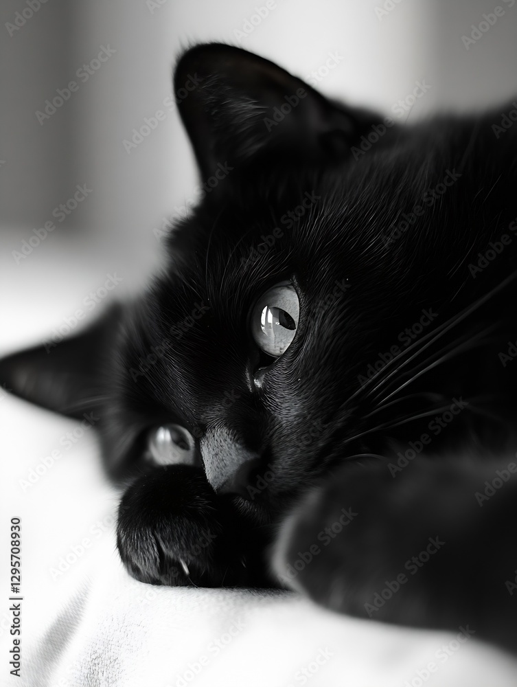 Poster elegant black cat with striking eyes resting on a soft surface in artistic black and white photograp