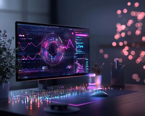 Fototapeta premium A modern workspace featuring a futuristic monitor displaying vibrant digital visuals and data analytics, creating an inspiring atmosphere for productivity.
