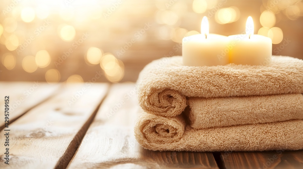 Poster Relaxing Spa Setting with Soft Towels and Lit Candles for Tranquil Ambiance : Generative AI