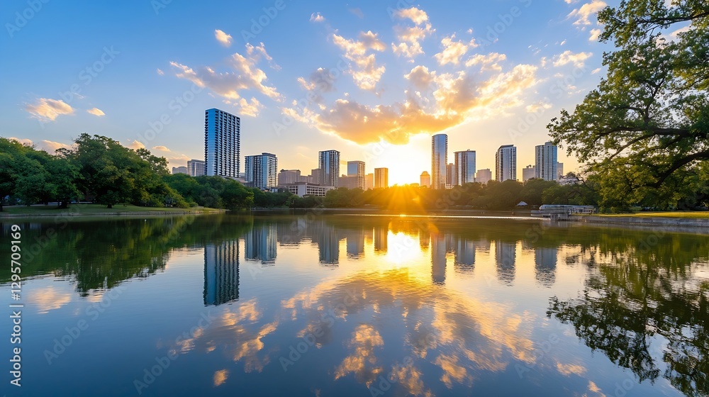Poster stunning sunset over cityscape with reflections on calm water creating peaceful scene : generative a